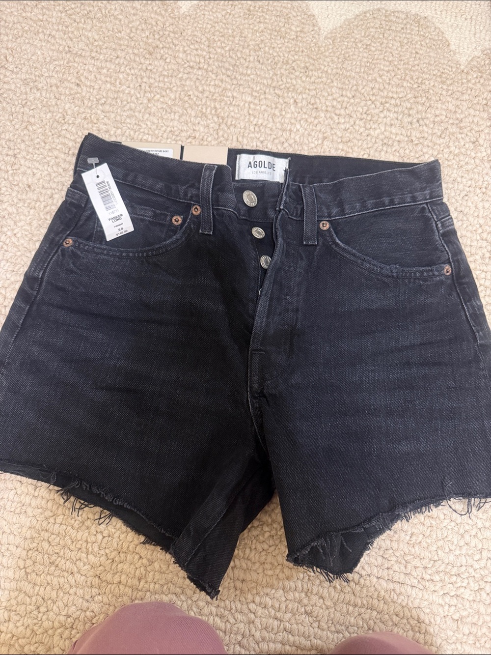Agolde Black High-Rise Frayed Hem Denim Shorts